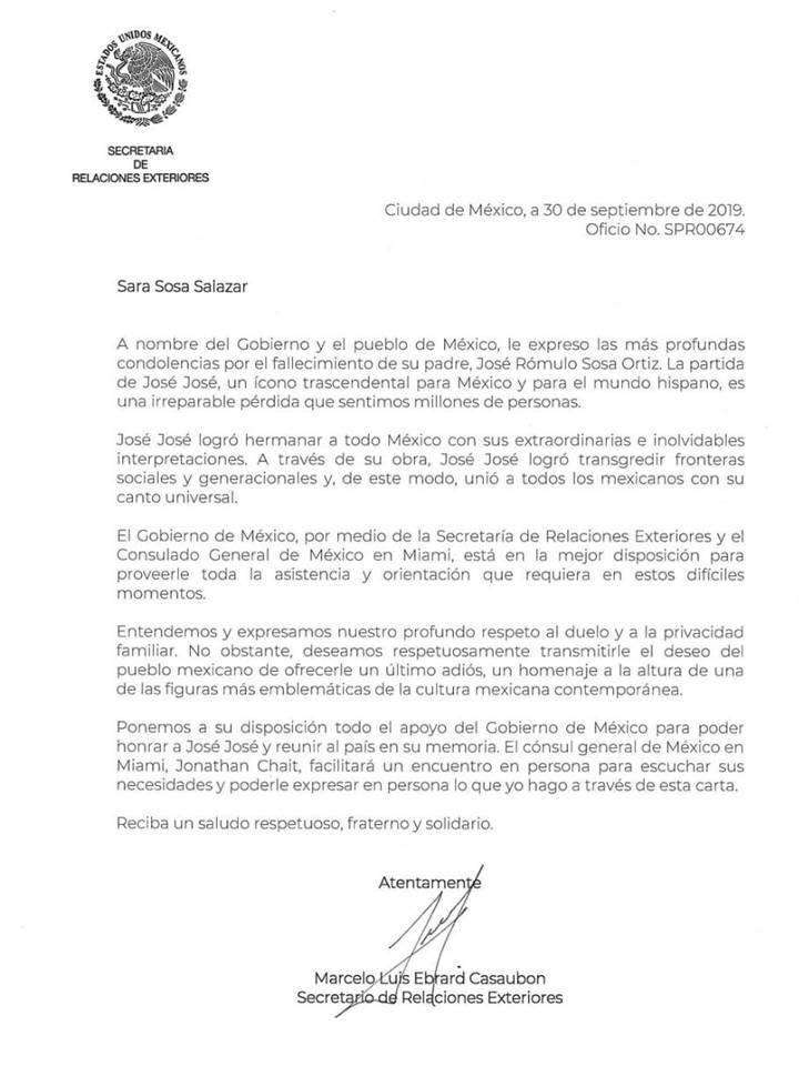 La carta con la que Ebrard convenció a Sarita para traer cuerpo de José José