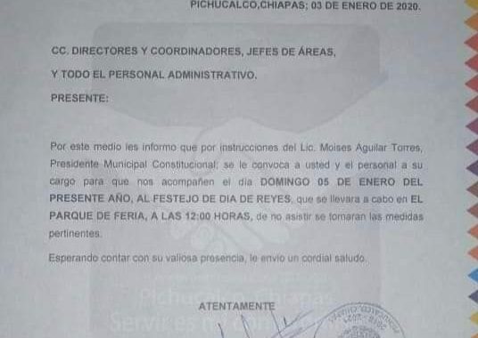 Obligan a trabajadores del Ayuntamiento de Pichucalco ir a la partida de rosca