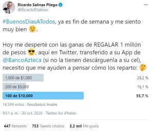 Ricardo Salinas sortea millón de pesos por festejo al librar Covid-19