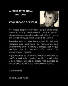 Fallece el actor Alfonso Zayas a los 80 años de edad