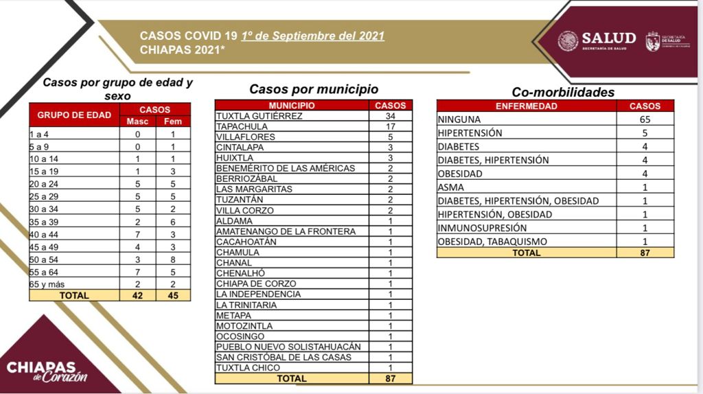 87 casos de COVID-19 en 25 municipios de Chiapas