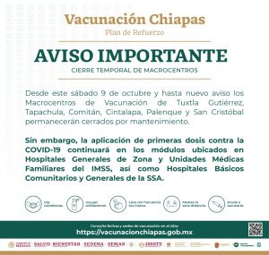 Cerrarán temporalmente macrocentros de vacunación en Chiapas